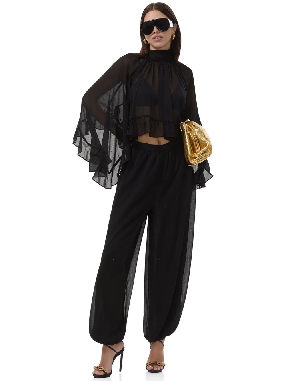 AFRM Black Sheer Ruffle High-Neck Blouse - Picture 2 of 9